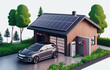 Electric car parking charging at home garage with green roof wall box charger station. Residence family house building with clean energy photovoltaic solar panels. Renewable smart power eGenerative AI