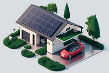 Electric Car Parking Charging At Home Garage With Green Roof Wall Box Charger Station. Residence Family House Building With Clean Energy Photovoltaic Solar Panels. Renewable Smart Power Generative AI