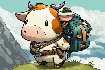 Wall Mural - Extremely cute little Anthropomorphic mountain climber cow, cel shaded game graphics Generative AI