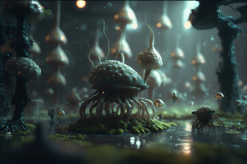 Wall Mural - Invasion of hundreds tiny pygmy alien cthulhu mushroom swamp creatures, realism, concept art Generative AI