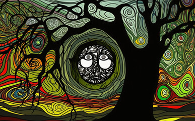 Sticker - The Psychedelic Swamp by Stanley Donwood, stained glass, Generative AI