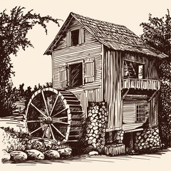 An old wooden water mill with a wheel and blades near a forest river. Rough freehand sketch on a beige background.