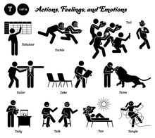 Stick Figure Human People Man Action, Feelings, And Emotions Icons Alphabet T. Tabulate, Tackle, Tail, Tailor, Take, Tame, Tally, Talk, Tan, And Tangle.