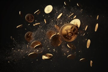 Sticker - On a dark background, gold bitcoins fall floating in the air. Generative AI