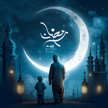 A Man And A Boy Stand Under A Crescent Moon At Ramadan