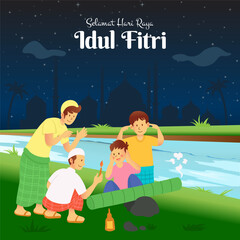 Wall Mural - Selamat hari raya Idul Fitri, translation: happy eid mubarak. Children Playing Meriam bambu, traditional cannon made of bamboo wood at riverside to welcoming the month of ramadan in Indonesia