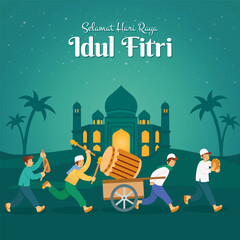 Wall Mural - Selamat hari raya Idul Fitri, translation: happy eid mubarak with a group of youngster parading a big wooden drum to to celebrate eid mubarak in the night