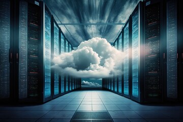 Canvas Print - Overlay of clouds and sky with servers and computing equipment in a datacenter. Generative AI