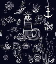 Marine Summer Seamless Pattern Hand Drawing Kids Fabric Wallpaper Dark Blue Background Wall Illustration Design
