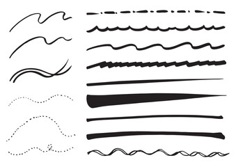 黒インクの様々なペンでラフに書いた線のセット