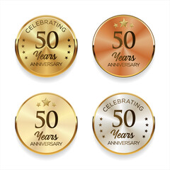 Collection of anniversary golden silver and bronze badge vector illustration  