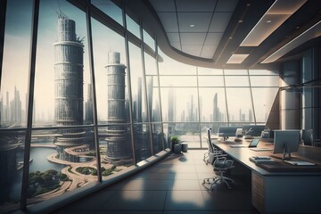 Poster - a futuristic open office with huge glass walls, a state-of-the-art conference center, and an amazing view of the city skyline., created with generative ai