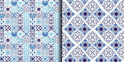 Blue tile pattern. Seamless ornament. Hand drawn curve and floral mosaic. Mediterranean or arabic ceramic. Print for textile, wrapping paper, wallpaper design. Oriental decor vector illustration