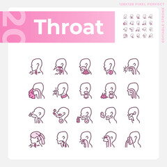 Sticker - Throat pixel perfect RGB color linear icons set. Diseases diagnosis and treatment. Awareness about sickness causes. Isolated vector illustration. Simple filled line drawing. Editable stroke