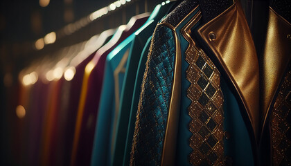 racks of stylist shiny disco jackets hanging in dressing room. generative ai.