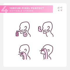 Sticker - Throat examination and inhalation pixel perfect RGB color linear icons set. Respiratory disease diagnostic. Medical service. Isolated vector illustration. Simple filled line drawing. Editable stroke