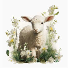 A lamb surrounded by Easter lilies. generative ai.
