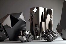 Grey Black 3d Art Abstract Installation With Shiny And Dark Different Shapes, Created With Generative Ai