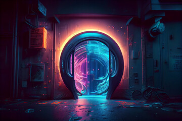 Cyberpunk cityscape in virtual reality with luminous spherical doorway at the end of the street, abstract neon background