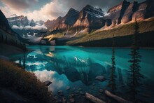 Alberta, California, Early Morning Light Shines On The Canadian Rockies Mountains Overlooking A Serene Turquoise Lake. Generative AI