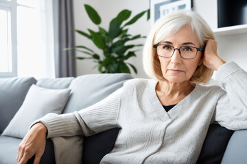 Wall Mural - Sad tired ill sick lonely disappointed caucasian old elderly senior woman grandmother sitting on the sofa couch, feeling nostalgy, pain, missing grandchildren, bankruptcy, fraud at home. Generative ai