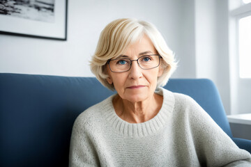 Wall Mural - Sad tired ill sick lonely disappointed caucasian old elderly senior woman grandmother sitting on the sofa couch, feeling nostalgy, pain, missing grandchildren, bankruptcy, fraud at home. Generative ai