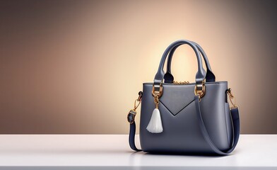 Wall Mural - Beautiful trendy smooth youth women's handbag in black color on a light brown studio background. AI generated.