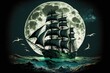 Full moon illustration of an antique ship at sea. Generative AI