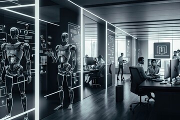 Poster - a busy, high-tech open office with robots and holographic displays., created with generative ai