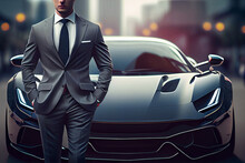 Businessman Dressed In Expensive Suit Stands Against Of Expensive Supercar