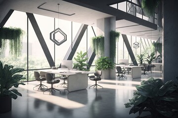 Canvas Print - a futuristic open office with an abundance of natural light and greenery, creating a soothing environment for employees., created with generative ai