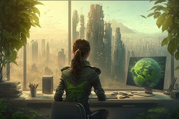 Poster - a vision of the future, in which technology and nature combine to create a truly unique work environment., created with generative ai