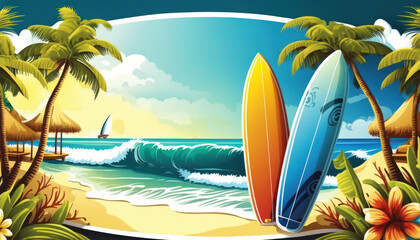 Wall Mural - surfboard on tropical beach abstract background. graphic illustration design. generative ai