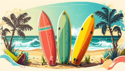 Wall Mural - surfboard on tropical beach abstract background. graphic illustration design. generative ai