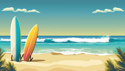 Wall Mural - surfboard on tropical beach abstract background. graphic illustration design. generative ai