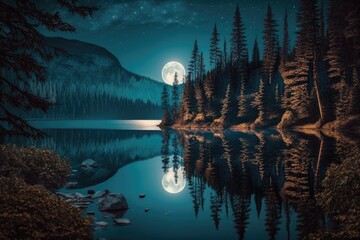 Wall Mural - mountain lake scenery at night in the summer. national park of synevyr has stunning scenery. a body 