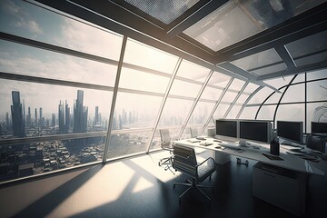 Canvas Print - a futuristic open office with a transparent glass roof and panoramic views of the surrounding cityscape., created with generative ai