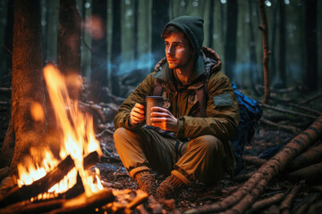 Man camping solo, bonfire and coffee, Generative AI