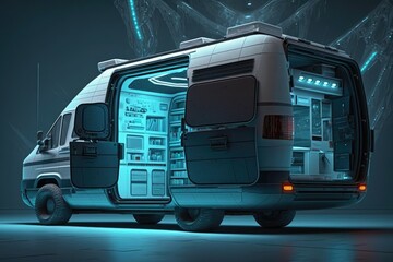 Sticker - futuristic cargo van of future in form of futuristic laboratory for research and testing, created with generative ai