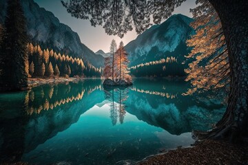 Canvas Print - Lake Hintersee at sunrise in the fall. A lovely scene of trees and the turquoise Hintersee lake water. Location Ramsau Resort, Berchtesgadener Land National Park, Upper Bavaria, Germany Europe's Alps