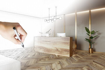 Eco office interior design project development with reception desk made from natural wooden slab with modern computers on parquet floor finished by human hand with pencil on beige wall background