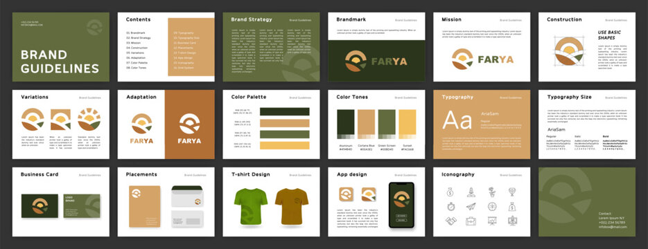 green and brown brand guidelines template. brand identity presentation. logo guideline template. log