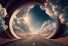 Conceptual Image Of Road In The Desert With Clouds And Sky. Generative AI