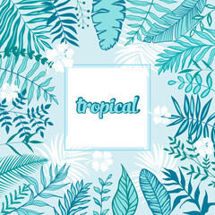 Wall Mural - Blue leaves frame with white flowers. Bright tropical vector illustration with, palm leaves, banana leaves for decor, wallpapers, covers