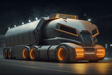 Futuristic Cargo Truck Of Future With Powerful Rear Wheels And Headlights On Grill, Created With Generative Ai