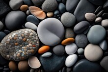 Round, Smooth Stones In A Texture. Seashore With Dark, Wet Pebbles And Gray, Dry Pebbles In Close Up. Superior Photograph. Generative AI