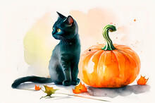 Watercolor Sketch Of A Black Cat And Pumpkins, Watercolor Drawing Halloween Mood, Generative Ai