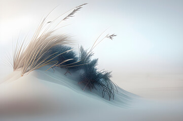 minimalistic landscape, feather grass bush among white sand dune, generative ai