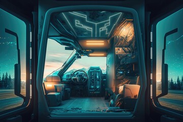 Canvas Print - transparent view into cabin of driver futuristic cargo truck of future, created with generative ai