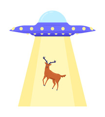 Wall Mural - Flying saucer abducting forest stag semi flat color vector icon. UFO. Editable object. Full sized element on white. Simple cartoon style spot illustration for web graphic design and animation